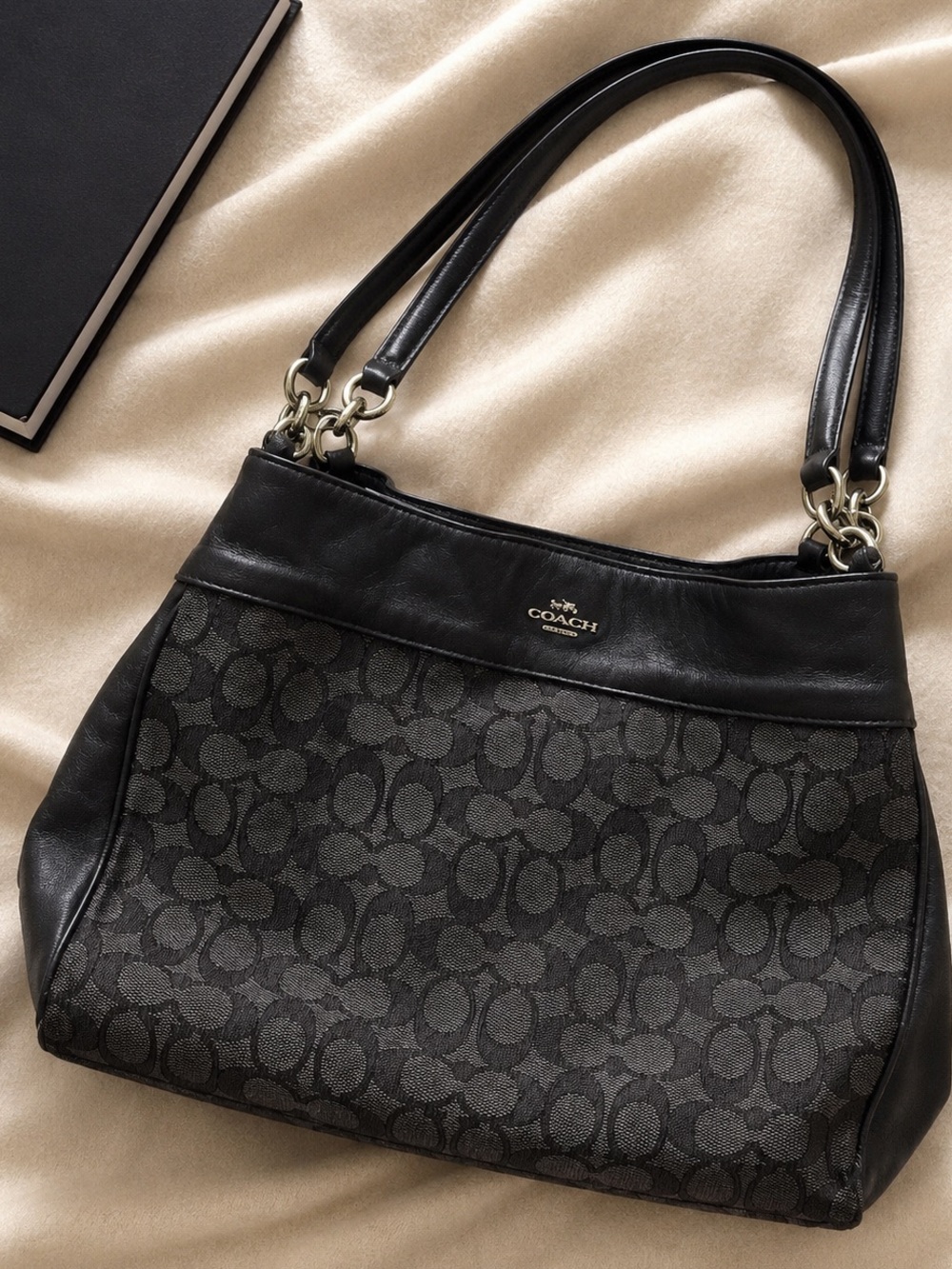 Coach Signature Black Jacquard Leather Tote Shoulder Bag Purse